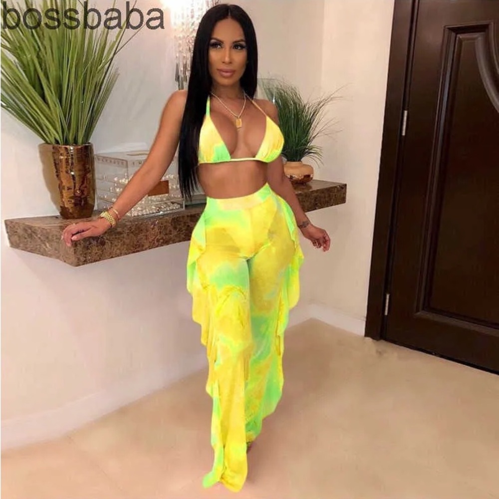 Women Two Piece Bikini Mesh Beach Pants Set Tie Dye Swimwear Sexy NWOT‎ XL
